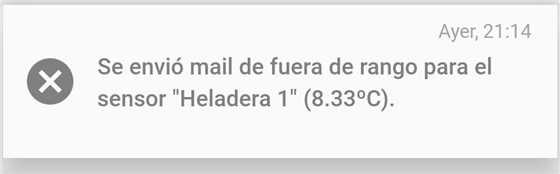 Evento real de MD Analytics: se envió mail de fuera de rango para el sensor Heladera 1 (8.33 °C)