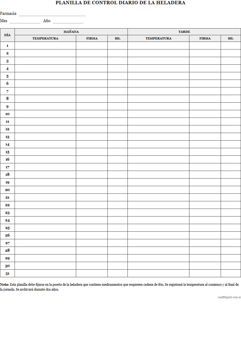 Planilla de control de temperatura para heladera de farmacia, modelo para descargar en PDF
