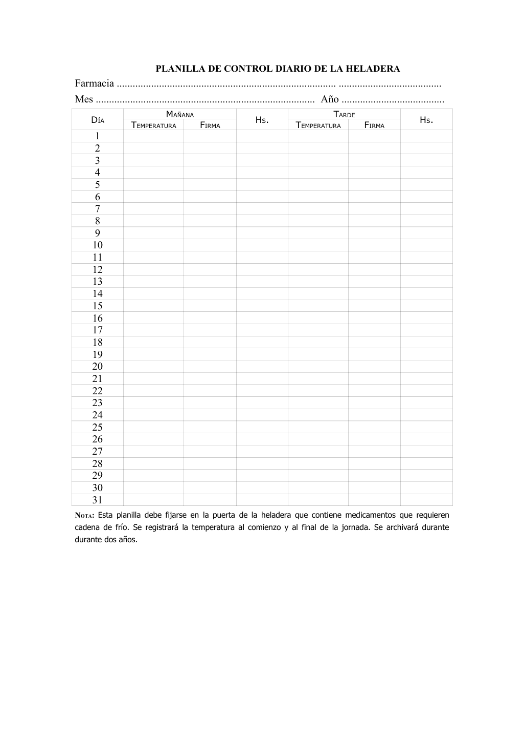 Planilla de control diario de temperatura de heladera, para completar a mano